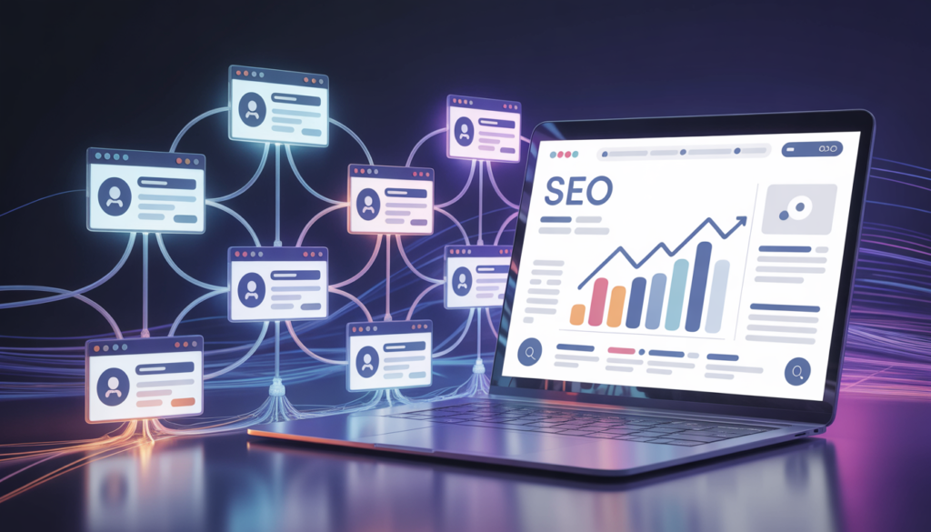 GP Publisher SEO concept illustration showing a laptop with data analytics connected to a digital network of website backlinks and user profiles.