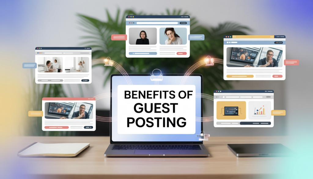 Benefits of guest posting infographic showing backlink network and website authority growth by GP Publisher