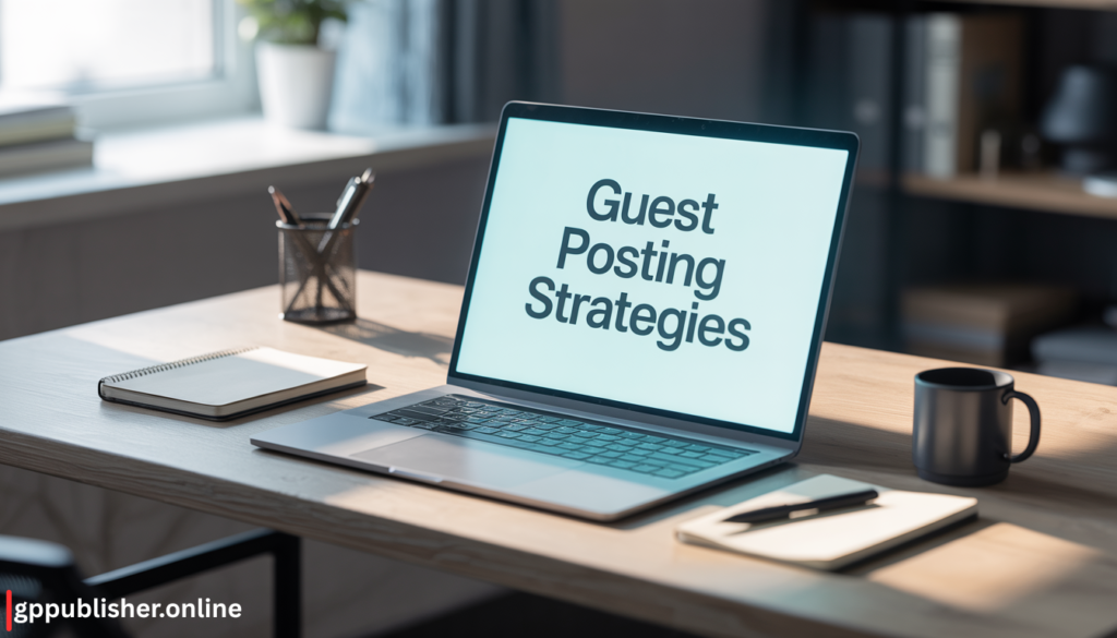 A professional laptop screen displaying "Guest Posting Strategies" on a clean office desk, representing the high-quality white-hat SEO services and relationship-building approach offered by GP Publisher.