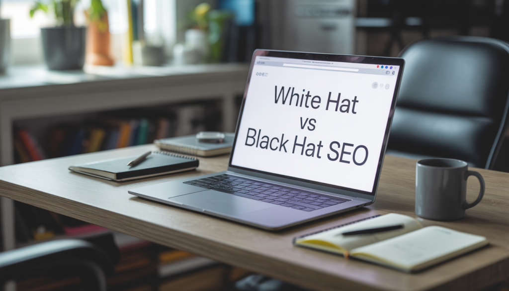 A professional workspace with a laptop screen displaying "White Hat vs Black Hat SEO," illustrating the safe and risky search engine optimization paths analyzed by GP Publisher.