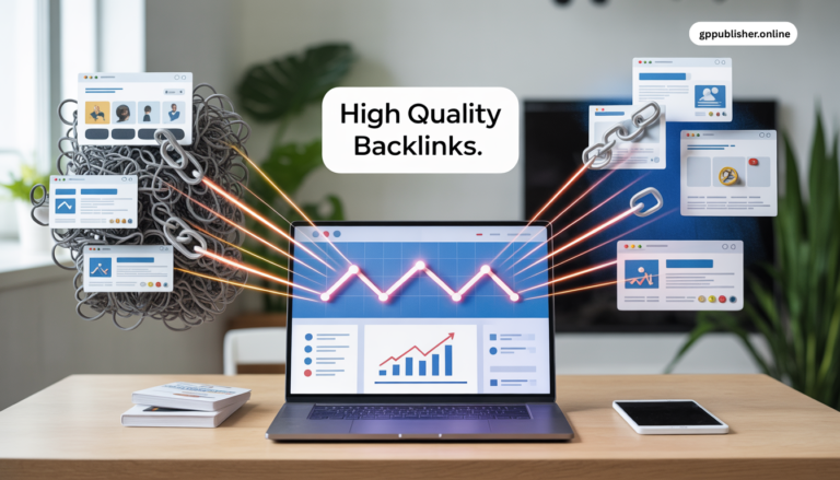 High quality backlinks concept showing trusted websites linking to a central site to improve Google rankings – GP Publisher