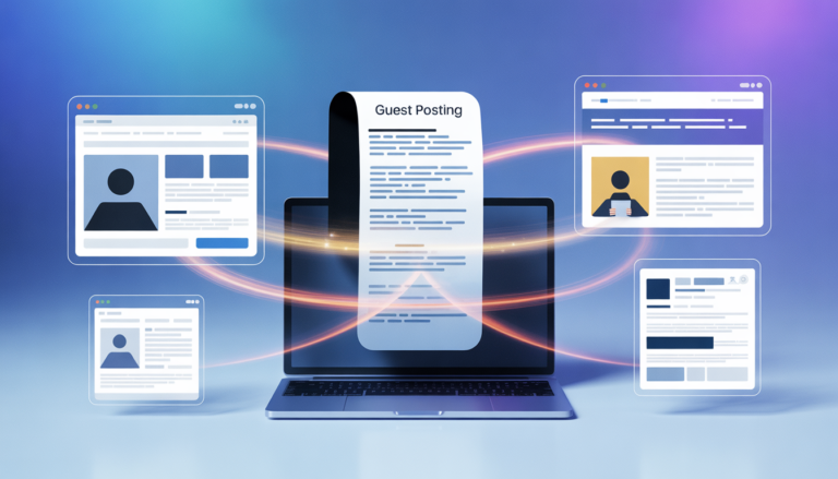 What is guest posting illustration showing an article being published across multiple websites with backlink connections between blogs