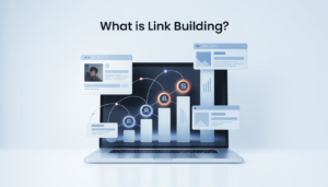 What Is Link Building infographic showing website backlinks, SEO authority growth chart, and website connections – guide by GP Publisher