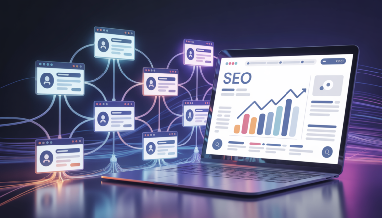 GP Publisher SEO concept illustration showing a laptop with data analytics connected to a digital network of website backlinks and user profiles.