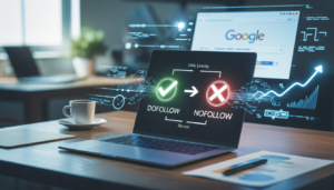 Modern SEO workspace showing a laptop screen with dofollow vs nofollow backlinks concept, green checkmark and red cross, analytics growth chart, and Google search in background – GP Publisher