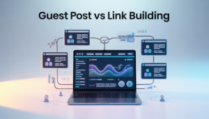 A comparative graphic for GP Publisher illustrating "guest posting vs link building," showing a laptop and networked data screens displaying analytical charts and author profiles to explain the two SEO concepts.