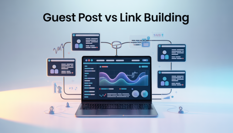 A comparative graphic for GP Publisher illustrating "guest posting vs link building," showing a laptop and networked data screens displaying analytical charts and author profiles to explain the two SEO concepts.