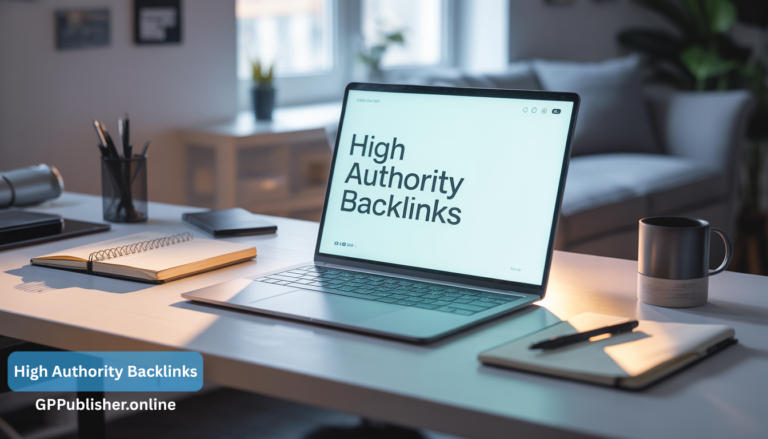 A professional laptop screen displaying "High Authority Backlinks" on a clean office desk, representing the editorial-first SEO services and white-hat link-building strategies provided by GP Publisher.