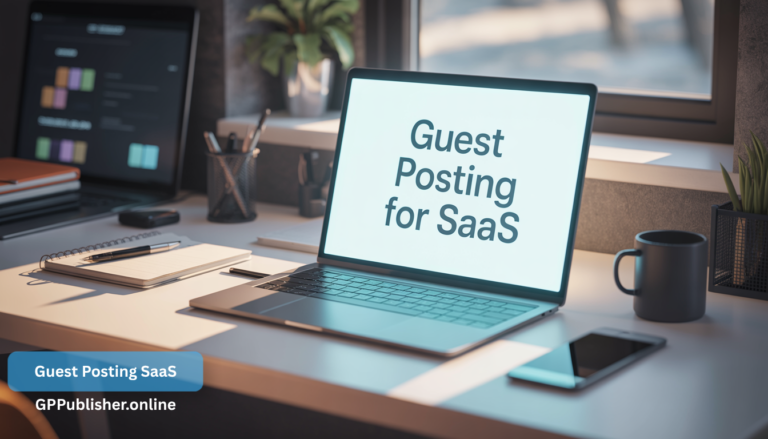 A professional office desk with a laptop screen displaying "Guest Posting for SaaS," representing the specialized B2B and software link-building strategies developed by GP Publisher.