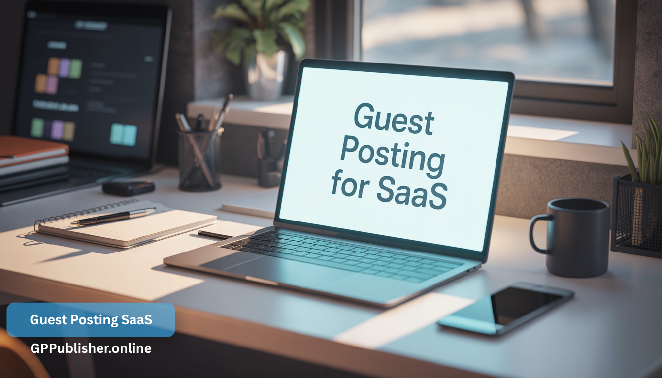 A professional office desk with a laptop screen displaying "Guest Posting for SaaS," representing the specialized B2B and software link-building strategies developed by GP Publisher.