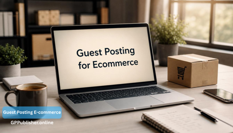 A modern laptop displaying "Guest Posting for Ecommerce" next to a cardboard shipping box, illustrating the white-hat link-building and traffic-driving services provided by GP Publisher for online stores.