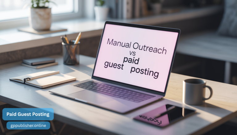 A professional workspace showing a comparison between manual outreach and paid guest posting on a laptop screen, highlighting the transparent SEO services offered by GP Publisher.