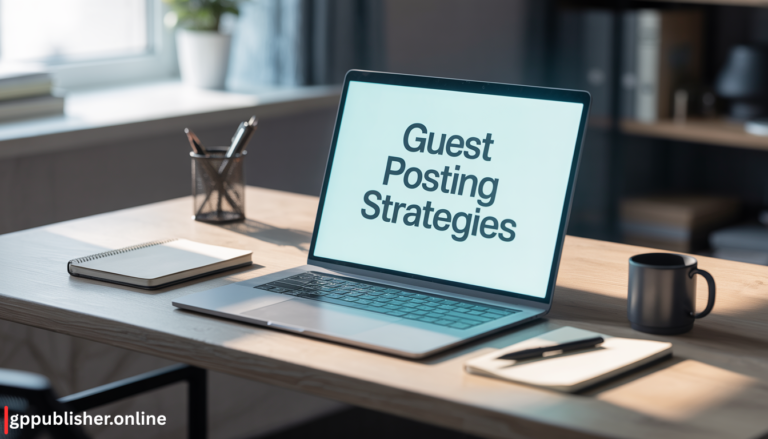 A professional laptop screen displaying "Guest Posting Strategies" on a clean office desk, representing the high-quality white-hat SEO services and relationship-building approach offered by GP Publisher.