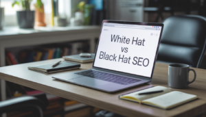 A professional workspace with a laptop screen displaying "White Hat vs Black Hat SEO," illustrating the safe and risky search engine optimization paths analyzed by GP Publisher.
