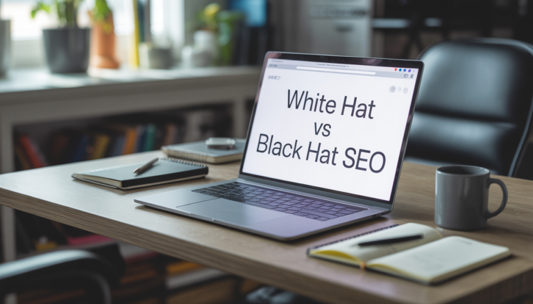 A professional workspace with a laptop screen displaying "White Hat vs Black Hat SEO," illustrating the safe and risky search engine optimization paths analyzed by GP Publisher.