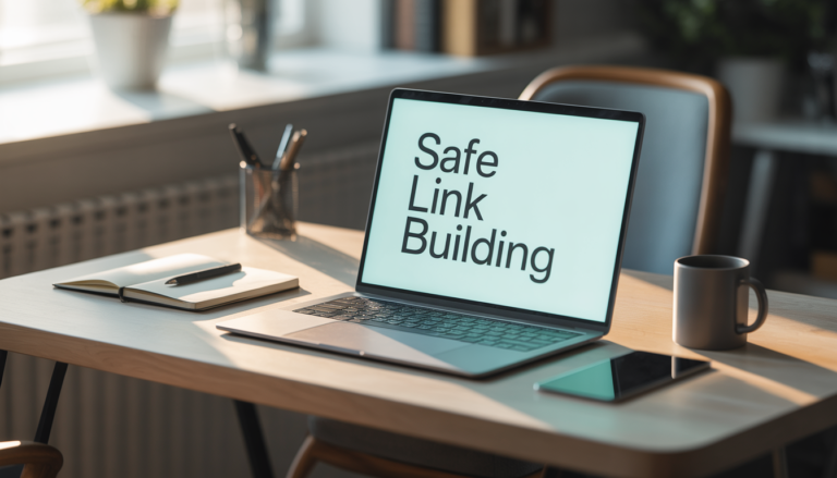 A modern workspace featuring a laptop screen displaying the text "Safe Link Building," representing the professional SEO services provided by GP Publisher to ensure long-term website growth.