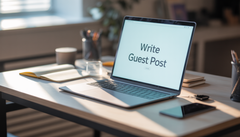 A laptop on a modern office desk displaying the text "write guest post" on the screen, representing the professional content services offered by GP Publisher.