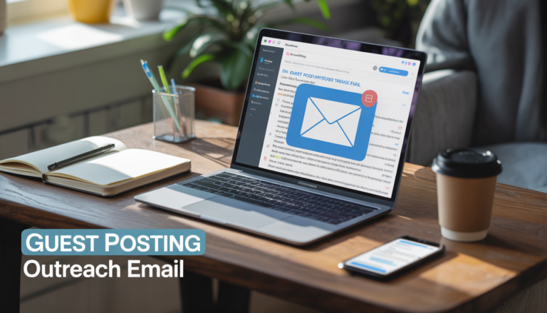 Professional workspace showing a laptop writing a guest posting outreach email for blogger collaboration and link building – GP Publisher | GPPublisher.online